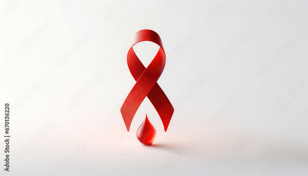 World AIDS Day banner with copy space. HIV awareness month starts in December. Red ribbon and blood drop on white background	 - obrazy, fototapety, plakaty 