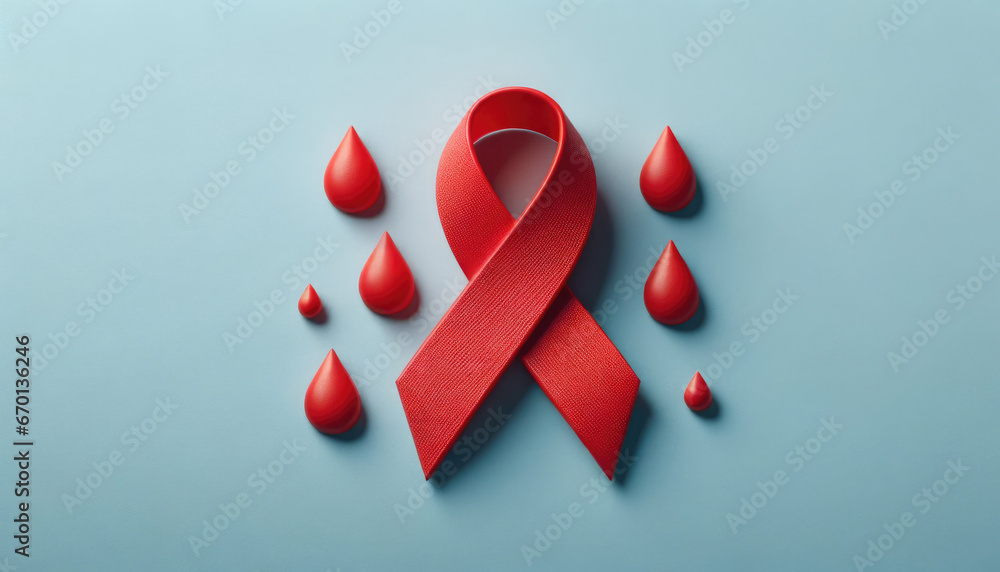 World AIDS Day banner with copy space. HIV awareness month starts in December. Red ribbon and blood drops on blue background	 - obrazy, fototapety, plakaty 
