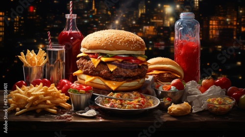 fast food, unhealthy fat food, hamburgers ai generated