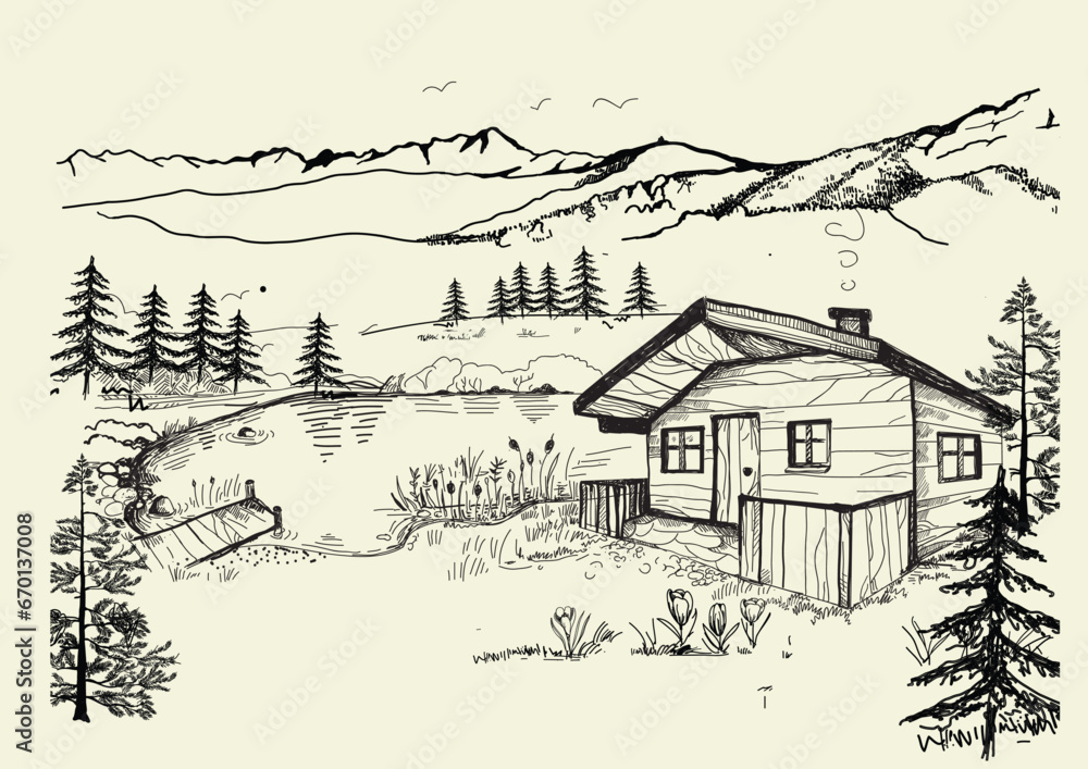 Mountain shelter in the Tatra Mountains by the lake. Artistic vector sketch