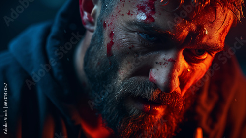 portrait of a man with beard, blood and wound on his face, emotional, mad and desperate