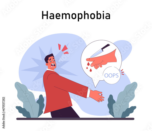 Hemophobia. Human's irrational inner fears and panic. Mental disorder, feeling of threat and danger. Psychology and mental therapy. Flat vector illustration