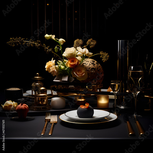 Gastronomic dinner in the heart of Ritz Paris, restaurantephotography, sleek black background. photo