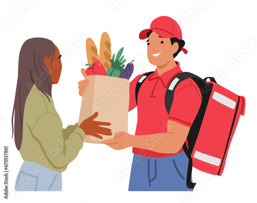 Food Delivery Worker Hands Over A Bag Filled With Groceries To A Client, Ensuring Convenient Experience, Vector