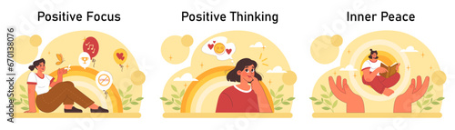 Positive psychology set. Positive thinking and attitude. Optimistic mindset, self acceptance and well-being. Young woman working on her mental health. Flat vector illustration