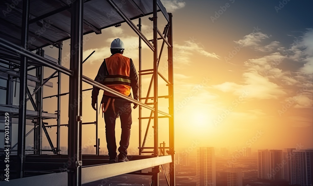 Construction Worker Observing Urban Landscape From Scaffold Construction Worker Observing Urban Landscape From Scaffold