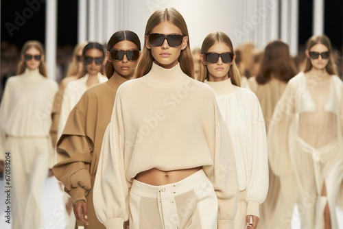 Models walk the runway in light black and beige clothing with a normcore style. The clothes feature textured pigment planes and are inspired by the 1970s. photo