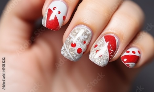 A Beautifully Polished Hand with a Striking Red and White Manicure photo