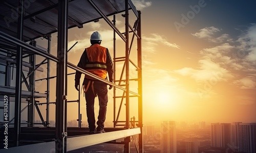 Construction Worker Observing Urban Landscape From Scaffold