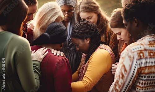A group of women gathered together praying photo
