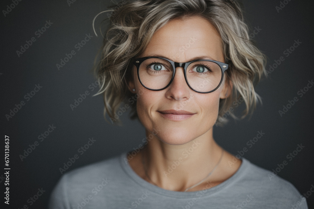 Portrait of a beautiful young woman with blond hair on gray background.