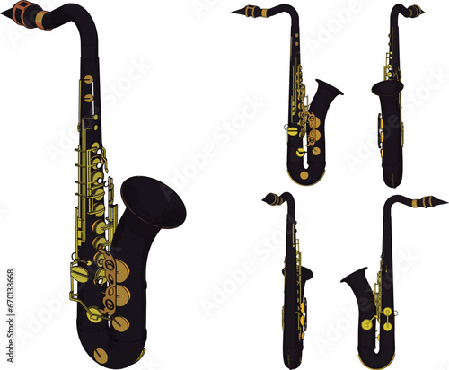 saxophone wind instrument with side, front, top and bottom views