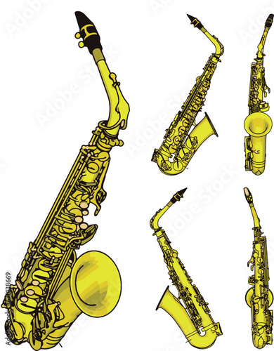 Saxophone wind instrument with side, front, top and bottom views.
