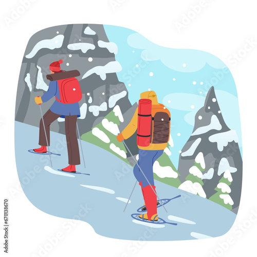 Adventurous Characters Embrace The Chill, Donning Warm Gear To Hike Snowy Mountains. Amidst Snowflakes And Serene Vistas