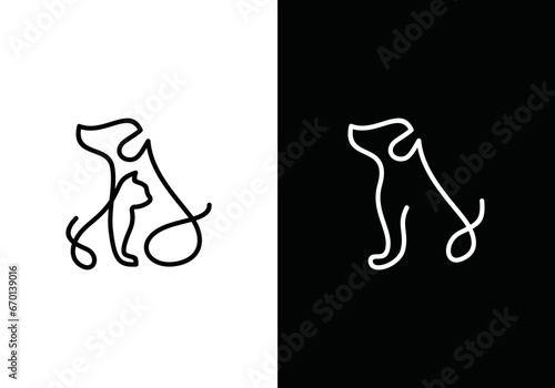dog and cat logo design. pet care white linear style concept element symbol vector illustration.	

