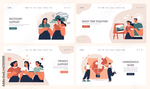 Positive relationships web banner or landing page set. Loving family connection and friends support. Harmonious mutual communication. Warm relations between people. Flat vector illustration