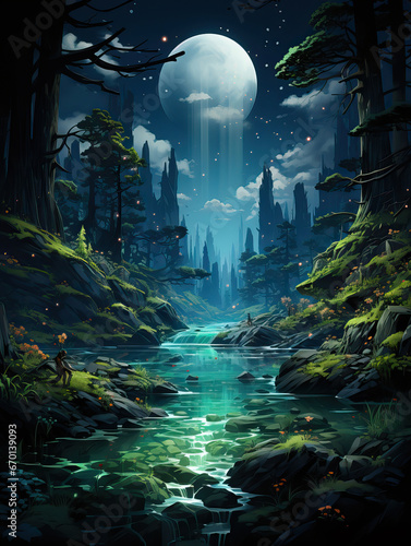 Moonlit Serenity: A Fantasy Forest by the Lake,autumn forest in the evening,forest in the night © Moon