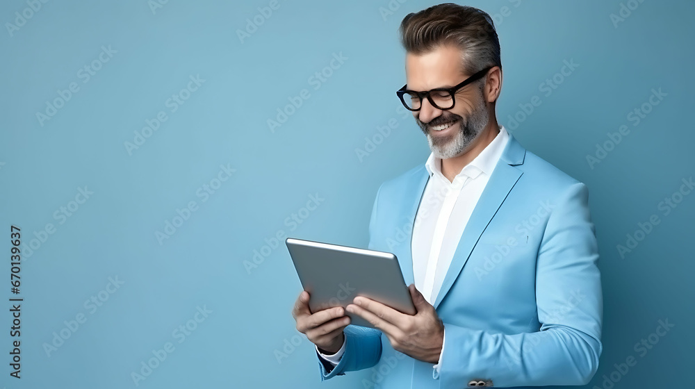 Thoughtful smiling businessman holding digital tablet and looking away against blue background