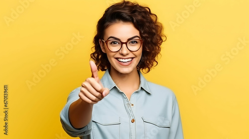 Portrait of smiling businesswoman pointing thumb at copy space for marketing over yellow background photo
