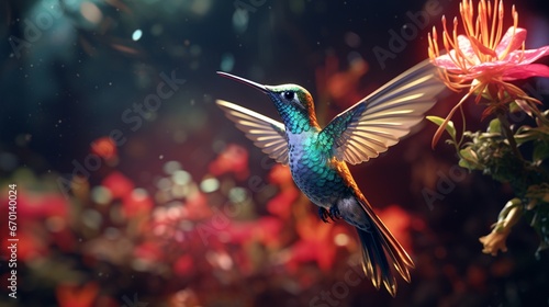 A hummingbird hovering beside a brilliantly lit Radiant Rafflesia, drawn to its ethereal glow.