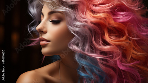 Portrait of an Attractive Woman with Colorful Hair in Studio Photos