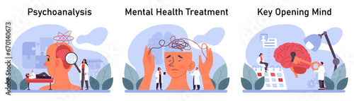 Psychotherapy set. Psychiatrist consulting a patient on mental health disorders. Thoughts and emotions analysis. Group, drug, art and animal therapy. Flat vector illustration