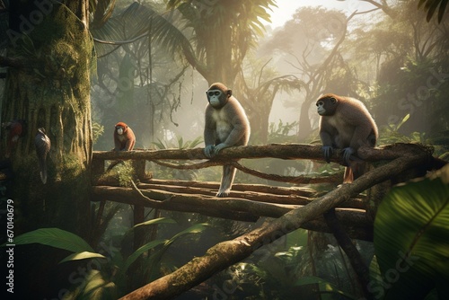 Discover an immersive jungle encounter as primates effortlessly traverse the forest in an exceptional zoo created with remarkable precision. Generative AI photo