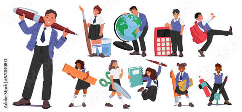 Schoolkids Lugging Oversized Stationery, Giant Pencils And Colossal Erasers, Backpack, Globe, Calculator and Pen