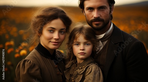 A cinematic dramatic group portrait in 19th century style in a field