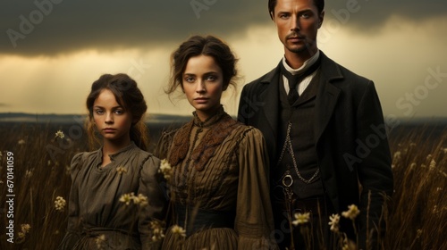A cinematic dramatic group portrait in 19th century style in a field