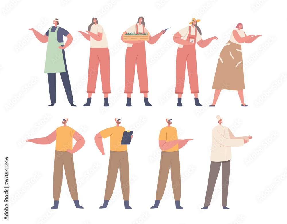 Obraz premium Set of Male and Female Characters Full Height. Hardworking Farmers, Restaurant Chef, Man Holding Clipboard, And Woman