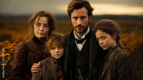 A cinematic dramatic group portrait in 19th century style in a field © stasknop