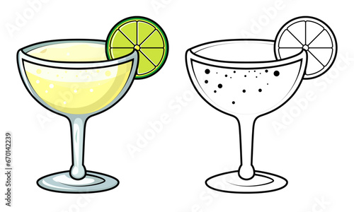 margarita cocktail drink vector illustration, Lime and tequila cocktail stock vector image, colored and black and white line art