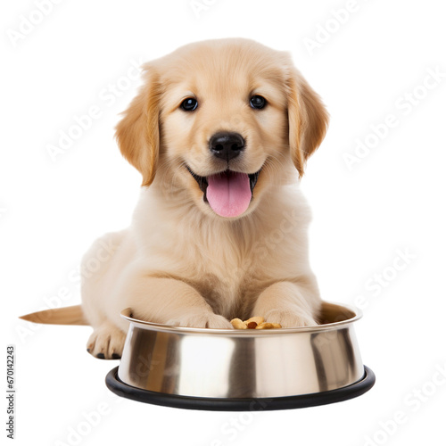 Puppy with food bowl isolated on transparent background