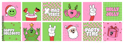 Merry Christmas groovy funny cartoon posters. Santa Claus, Christmas tree gift box and heart character in trendy funky retro style. Greeting square cards, template, posters, prints and backgrounds.