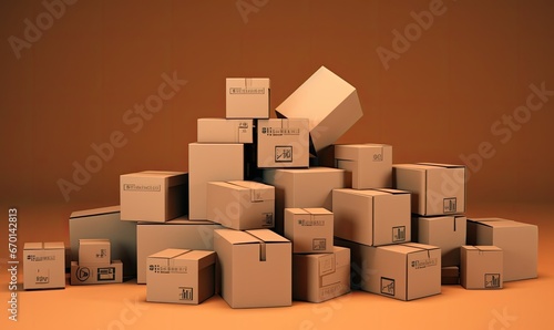 Pile of box packaging. Stack of carton parcel. Cardboard delivery and storage. Transportation and shipping of package. Mail shipment, post warehouse. AI Generated © Taras