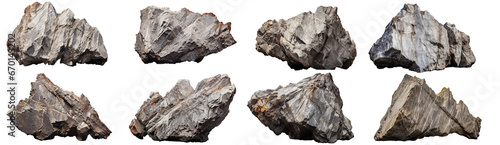 Collection of sharp, pointed, heavy mineral rocks isolated on a transparent background. . PNG, cutout, or clipping path.