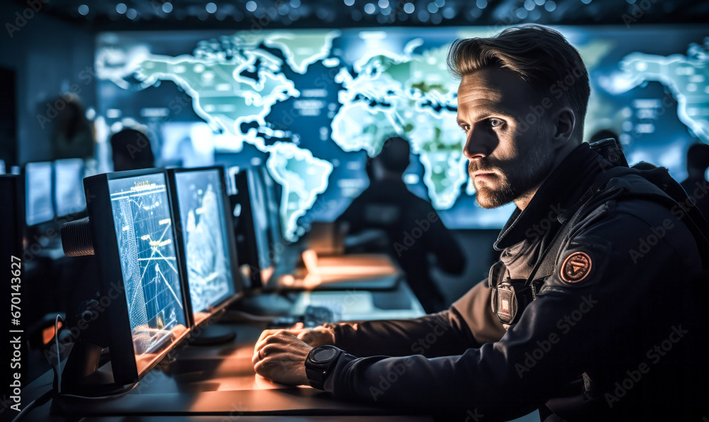 Obraz premium Military Excellence: Portrait of a Command and Control Center Officer Managing Systems