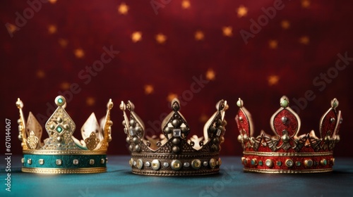 Three Wise Men Crowns on Festive Christmas Background photo