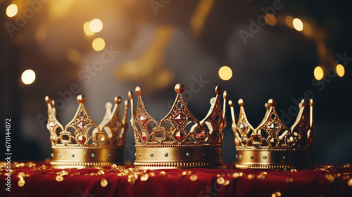 Foto Traditional Crowns of the Three Magi on a Christmas Background