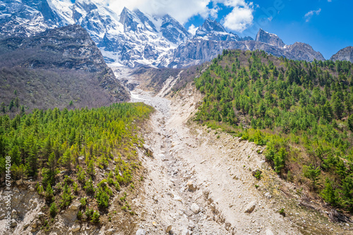 Moraine is accumulation of unconsolidated glacial debris (soil and rock) that occurs in both currently and formerly glaciated regions carried along by a glacier through geomorphological processes. photo