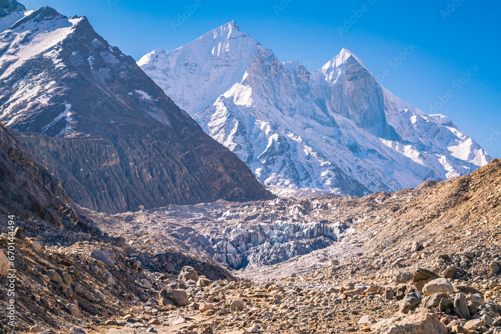 Gomukh, snout of the Gangotri Glacier, from where Bhagirathi or Ganges River originates. Gangotri glacier is one of the largest in the Himalayas at 4023 m  in Uttarkashi, Uttarakhand, India.