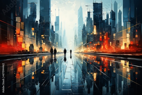 Man walking in a cyberpunk city. Digital painting of a lonely futuristic environment. Huge building photo