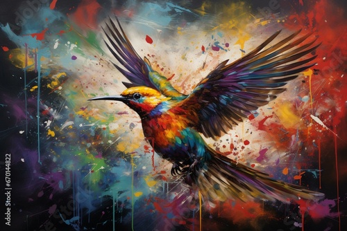 A vibrant avian soaring amidst a cascade of vibrant paint splashes. Generative AI © Thalia