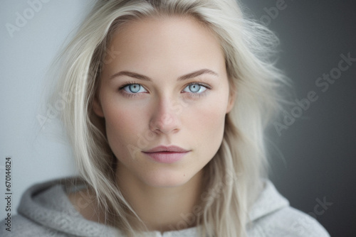 Portrait of a beautiful young woman with blond hair and blue eyes.