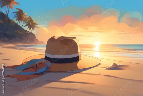 Um chapéu na areia da praia num lindo por do sol. Chapéu de palha feminino na beira do mar, férias no litoral tropical. photo