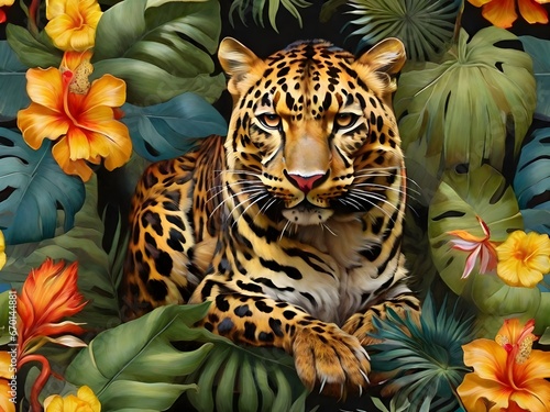 Painting of a leopard in a jungle with tropical and flower. Generative AI