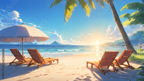 Cadeiras de praia na areia no litoral durante um radiante sol. Espreguiçadeiras na beira do mar em férias na costa. photo