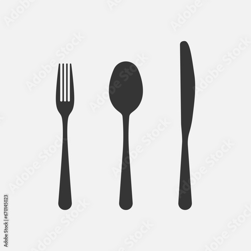Set of fork, knife and spoon. Black icon, silhouette. Vector 
