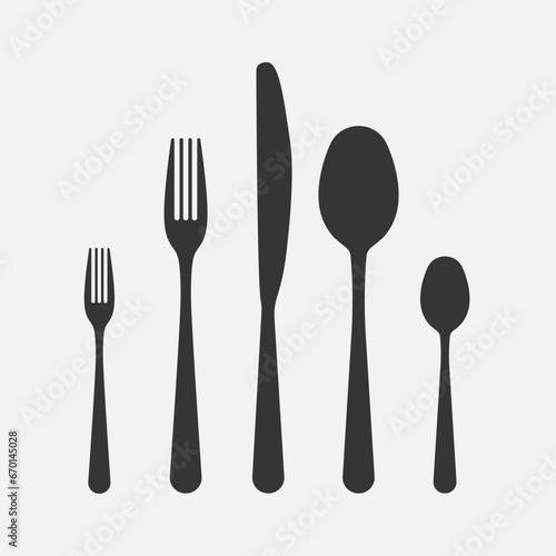 Cutlery black icon. Knife, spoon, fork, dessert fork and teaspoon. Vector photo